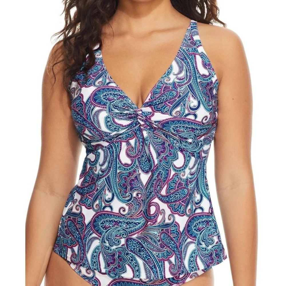 NWT Sunsets Forever Tankini Top Regatta Paisley Twist Front Swimwear 32G Beach M